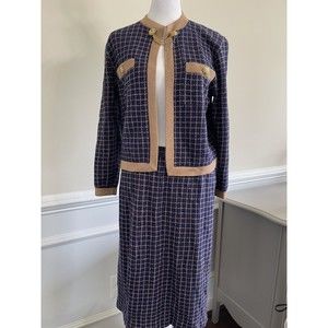 Vintage St. John Purple Navy Jacket Skirt Size 12 2pc Suit Gold *repaired flaws